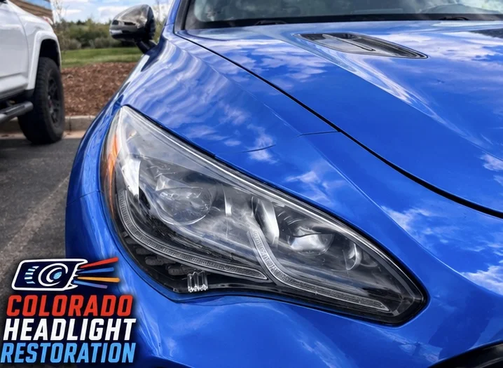 Blue sedan headlight lens close-up after restoration