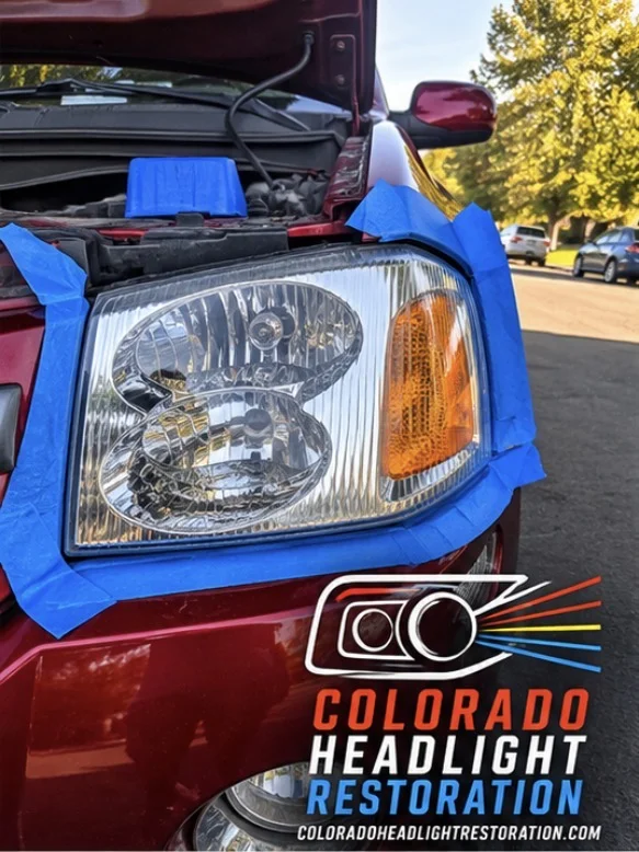 Red pickup headlight with blue masking tape during restoration